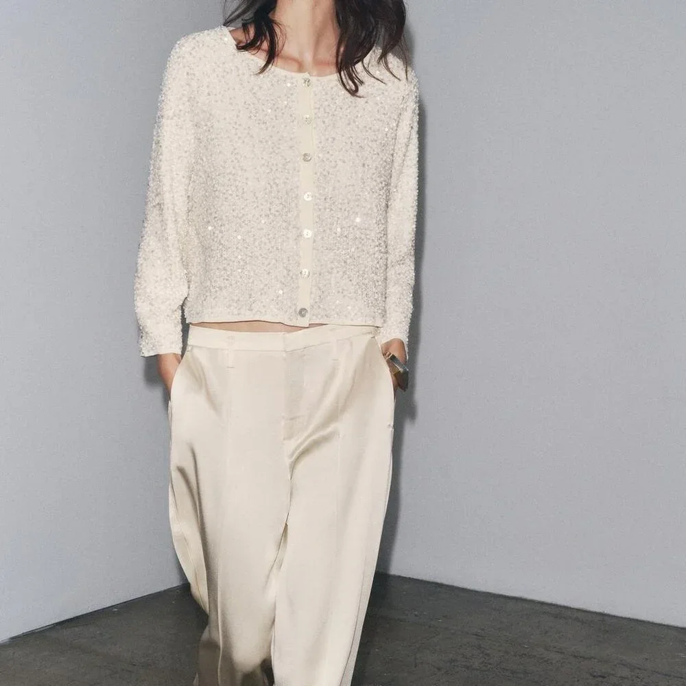 ZARA SEQUIN KNIT CARDIGAN BOAT NECK BUTTON FRONT NWT SIZE L - Picture 4 of 10